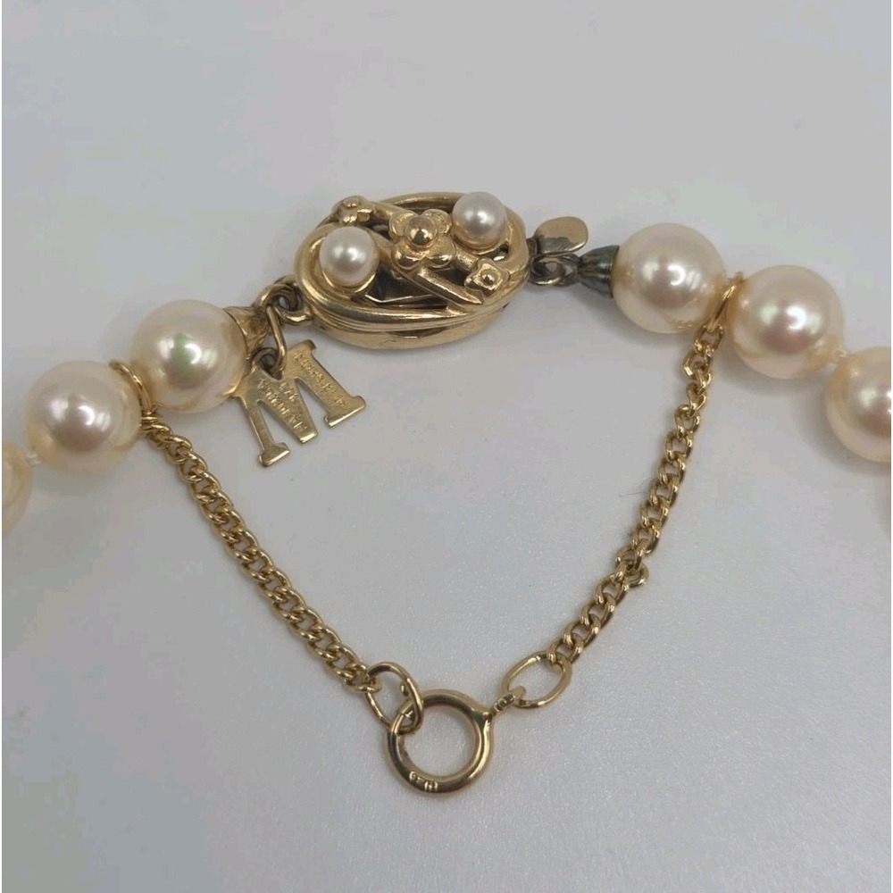Vintage Majorica Synthetic Pearl Gold Vermeil 925 Clasp M Charm Hand Knotted 17"